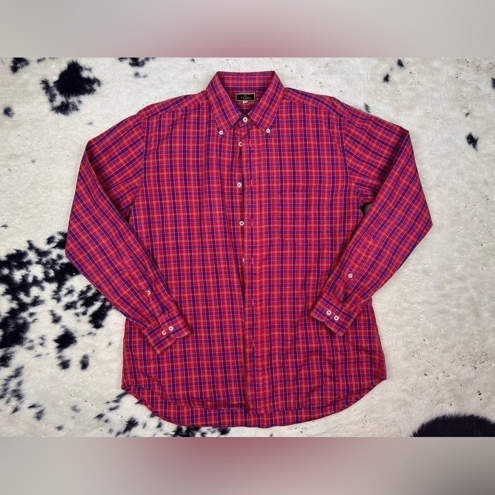 Fendi Men’s Red and Blue Plaid Button Down Long Sleeve Cotton Shirt Size 42 IT